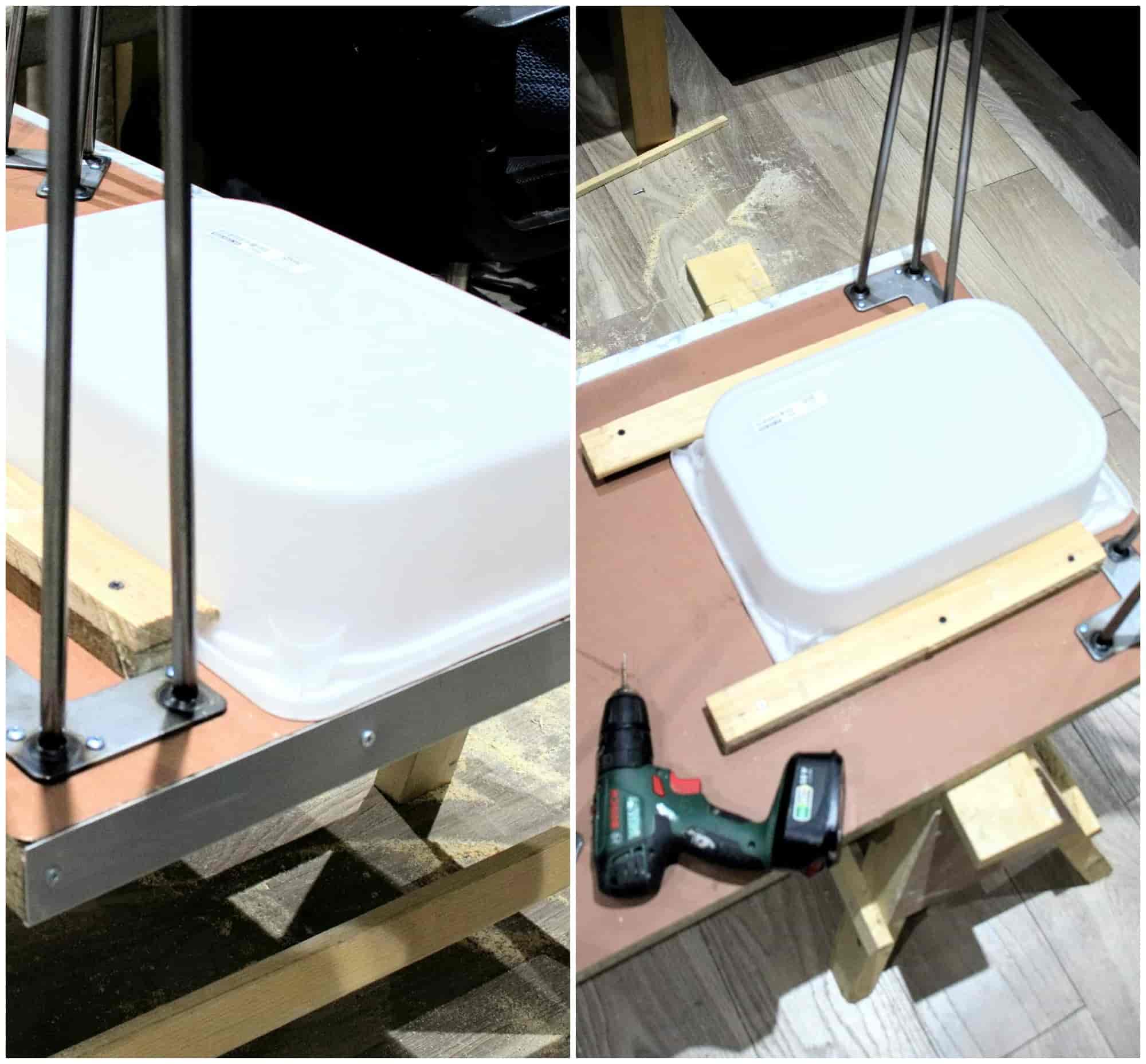 drawer being fitted underneath a homemade desk on runners