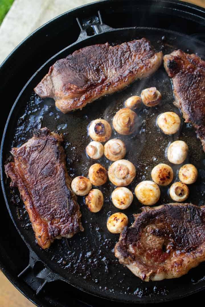seared steaks with mushrooms on the Cadac