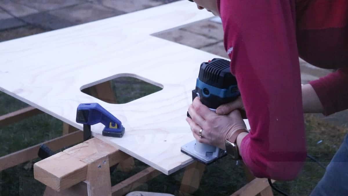 removing sharp edges on DIY desk with treadmill using 45 degree chamfered router bit