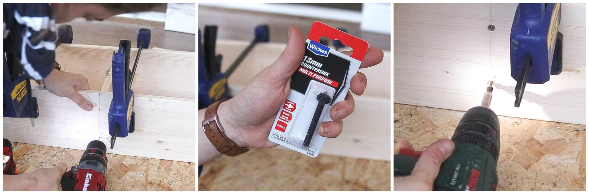 Screwing DVD shelf supports with countersunk screws