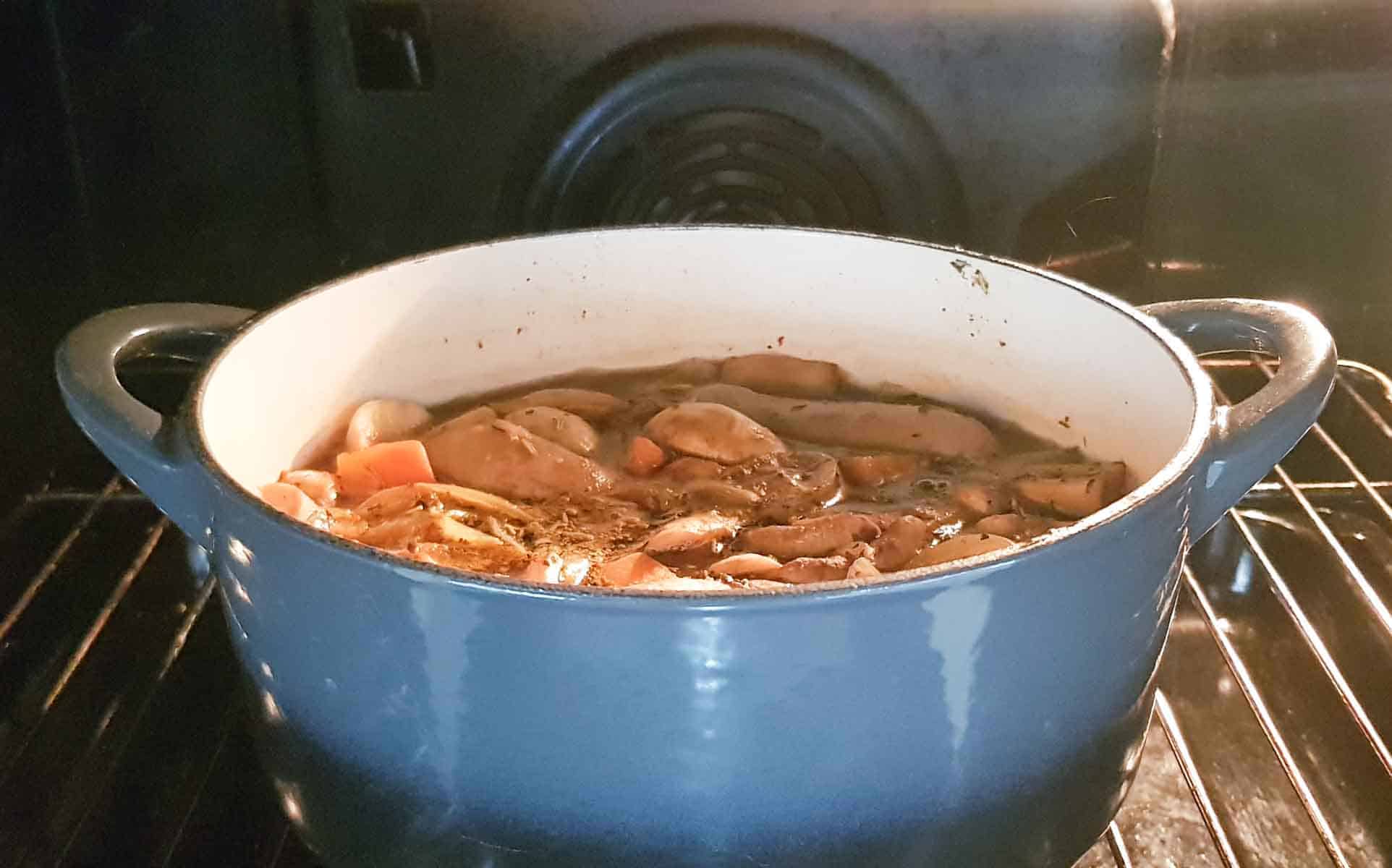 cooking branston pickle sausage casserole in the oven using denby halo cast iron dish