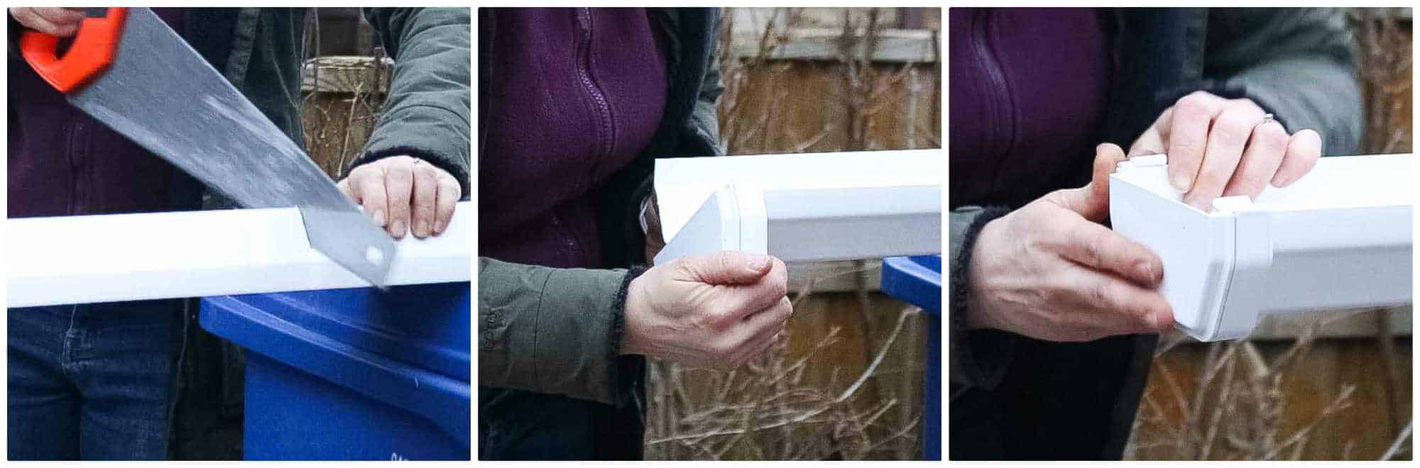 Cutting upvc guttering with a hand saw and attaching end cap