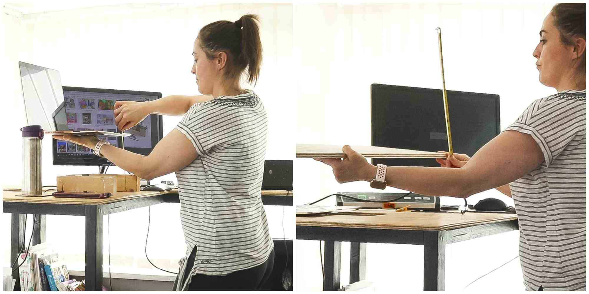 The Carpenter's Daughter measuring the height of laptop at her treadmill desk to ensure the screen is at eye level