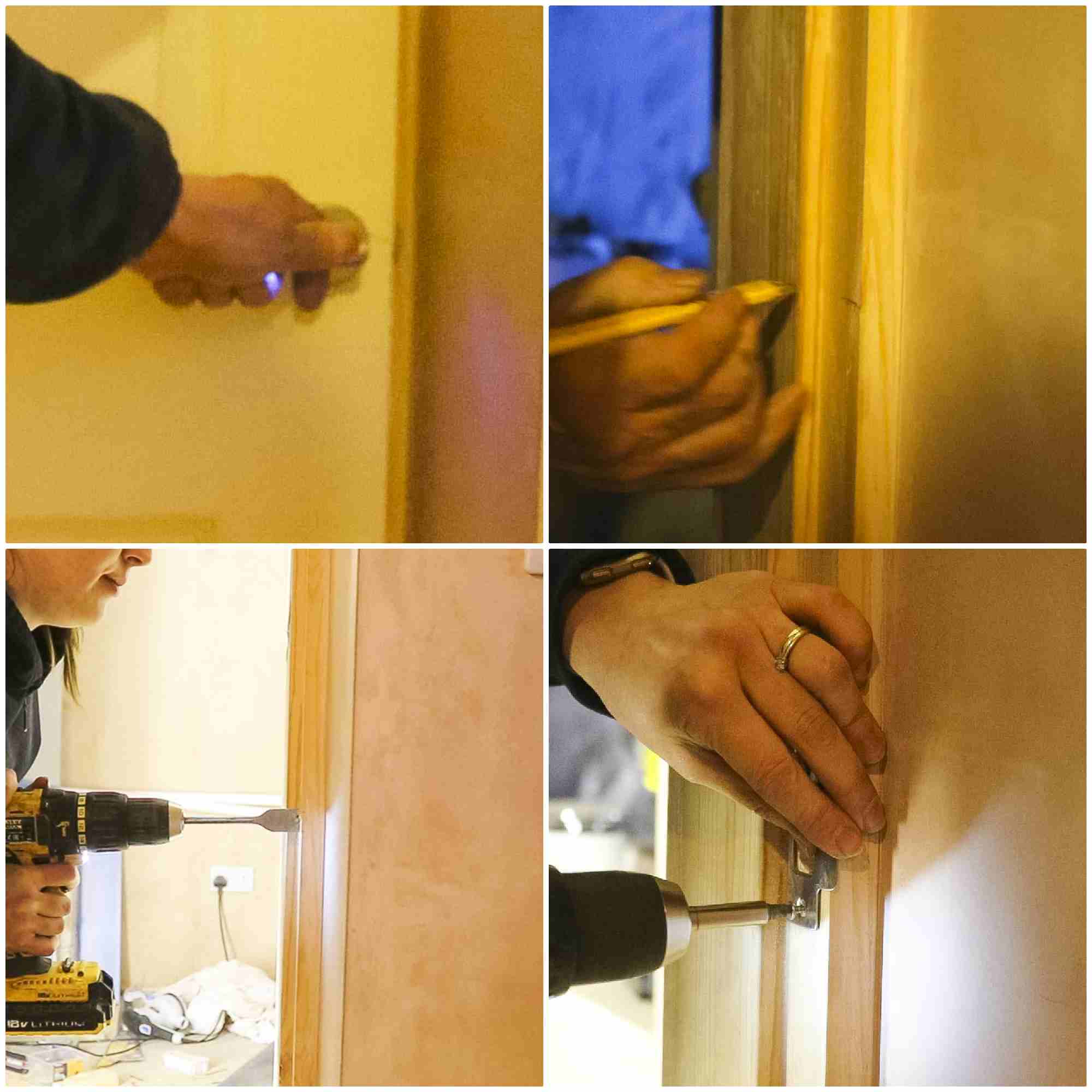 Drilling a hole for the strike plate and door latch to go, then screwing it to the door frame