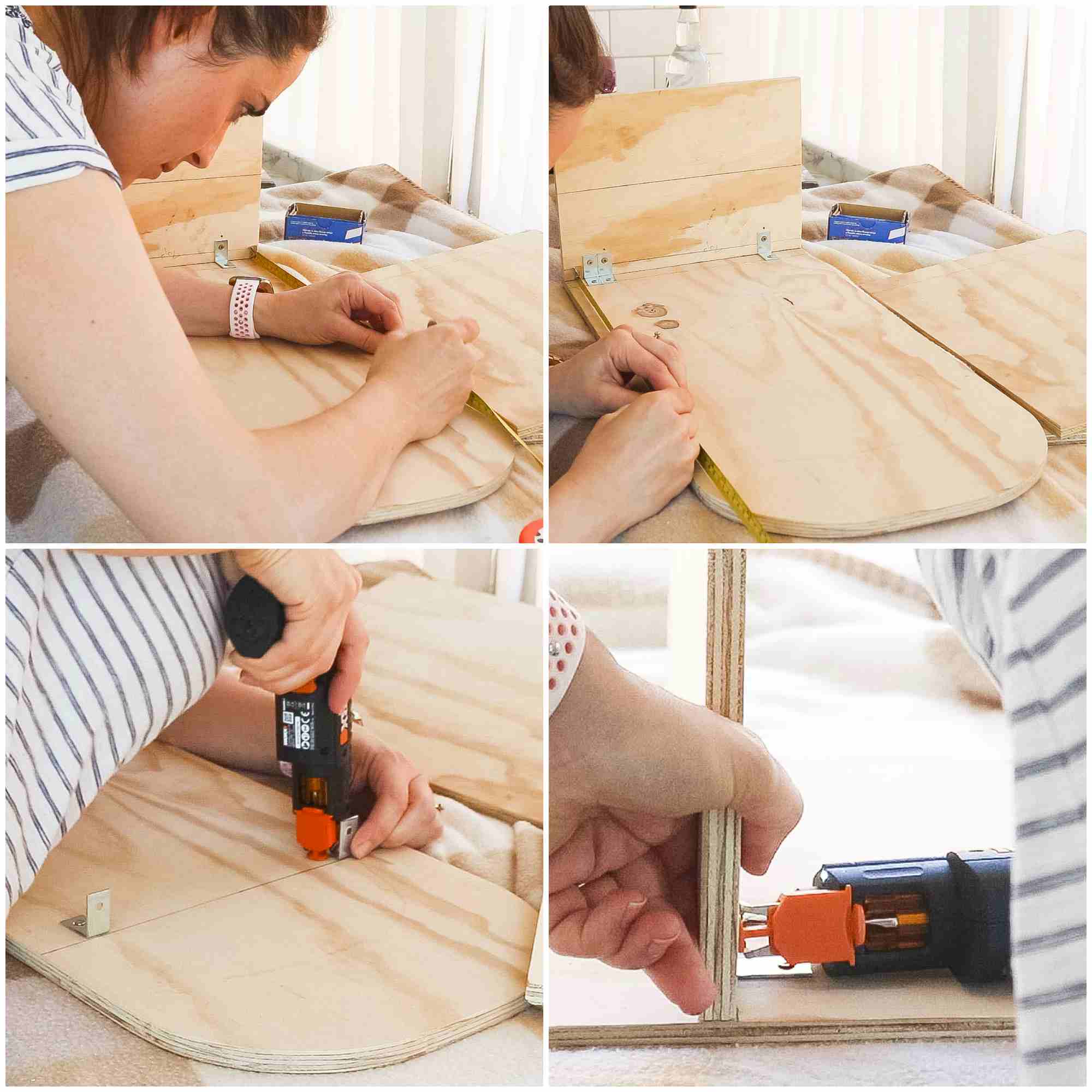 Screwing a monitor stand for desk together with free plans made out of plywood offcuts