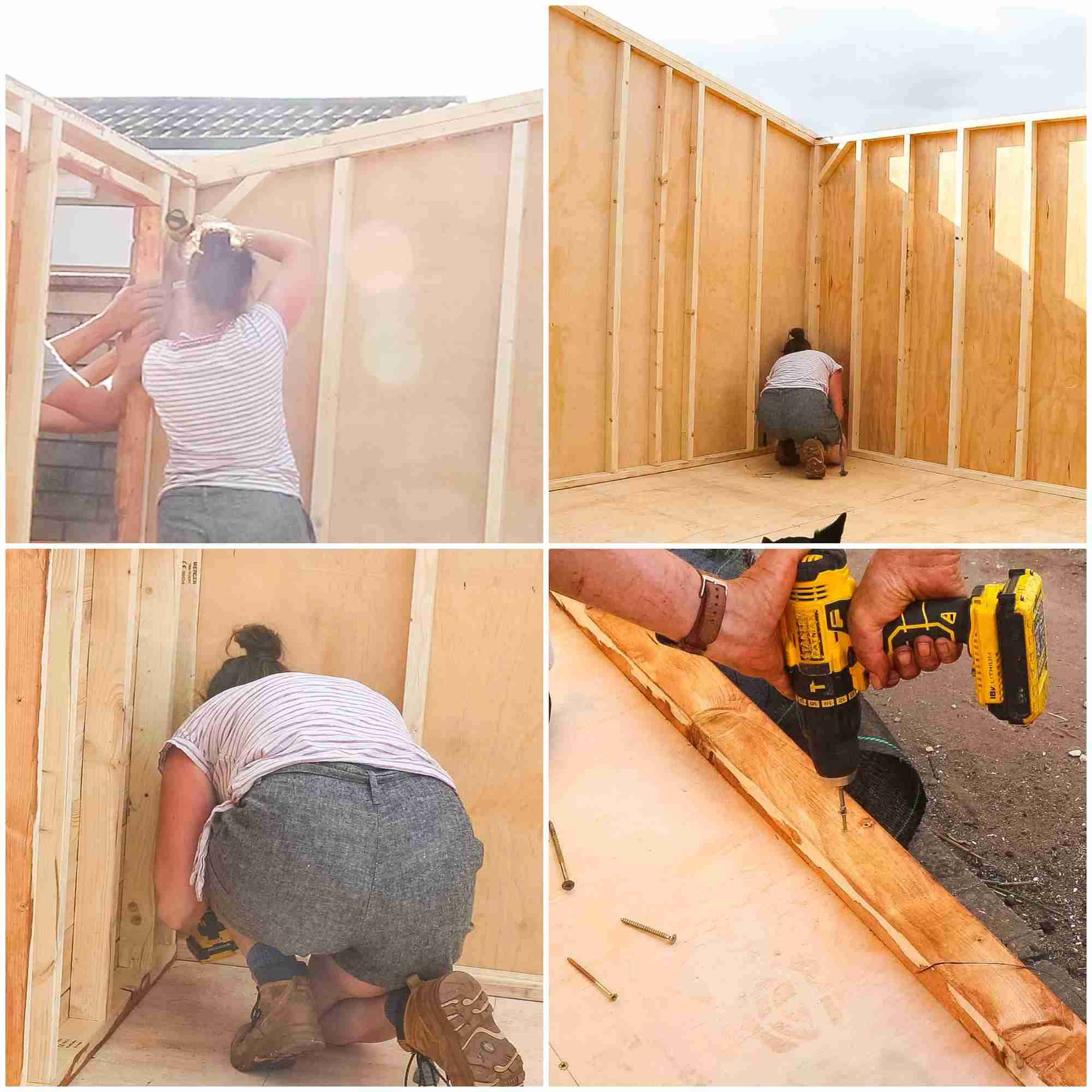 woman screwing a shed together