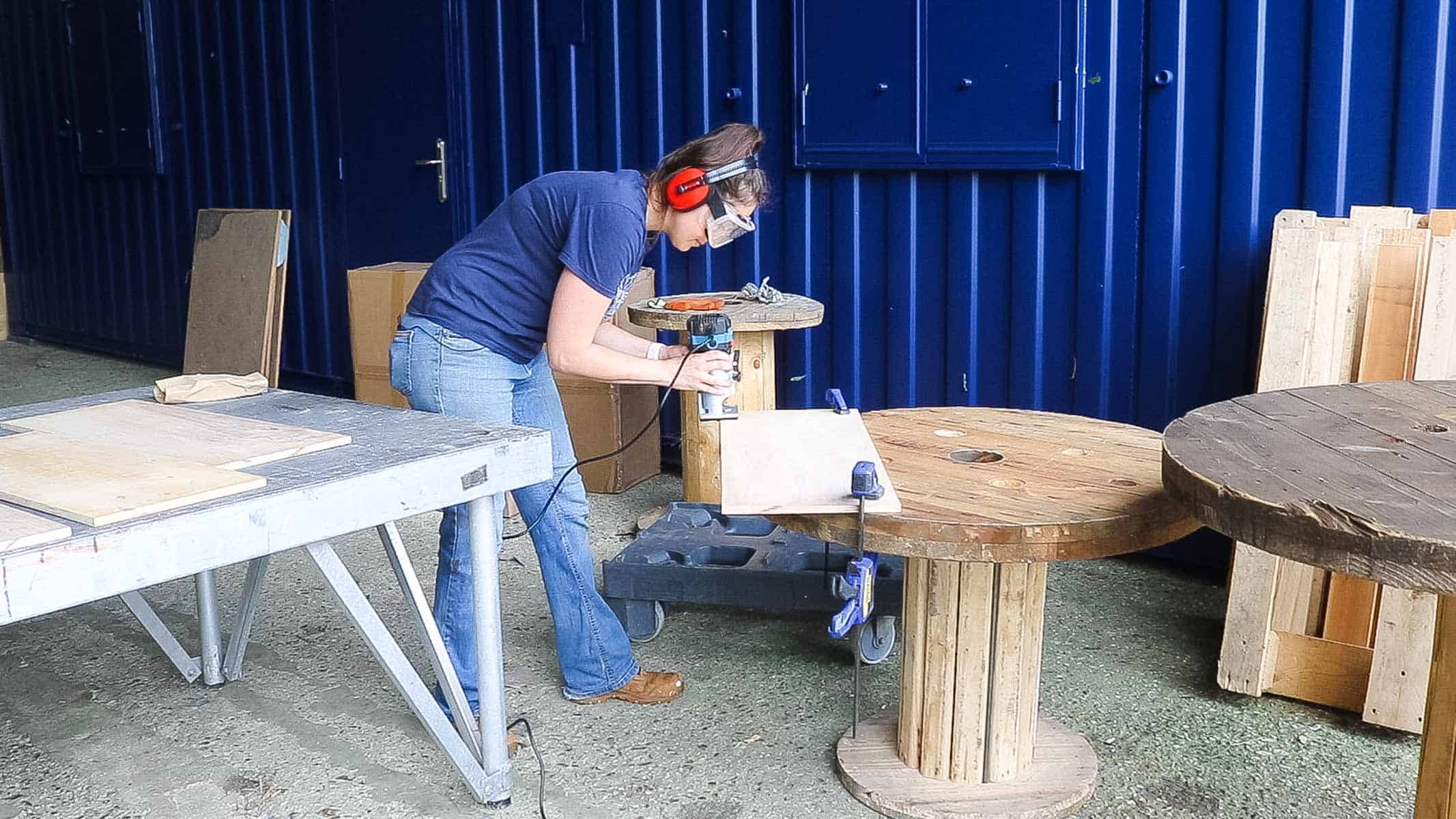 Routering plywood shelves with a 45 degree chamfer router bit