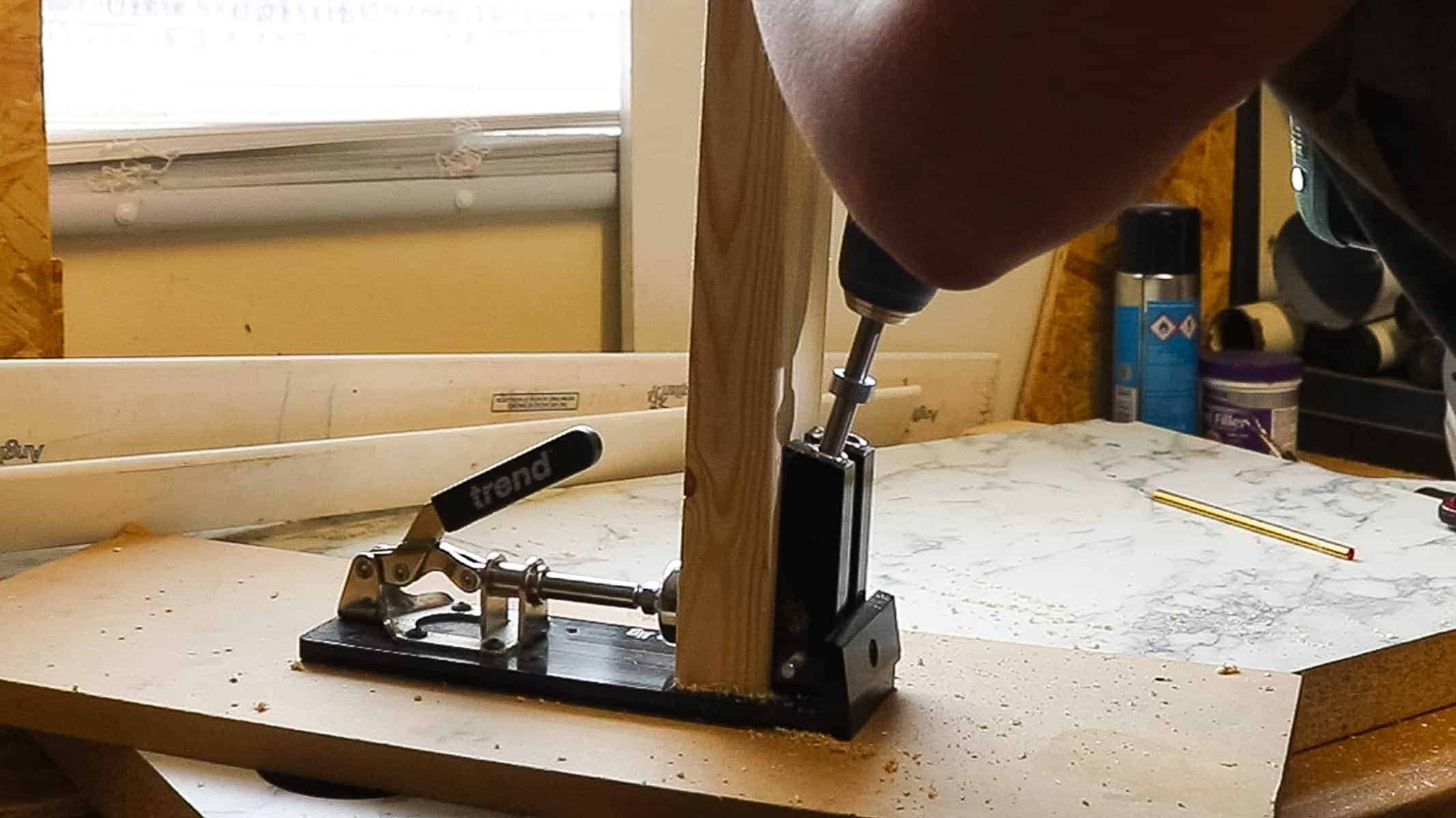 Drilling pocket holes in structural timber for an industrial bookcase