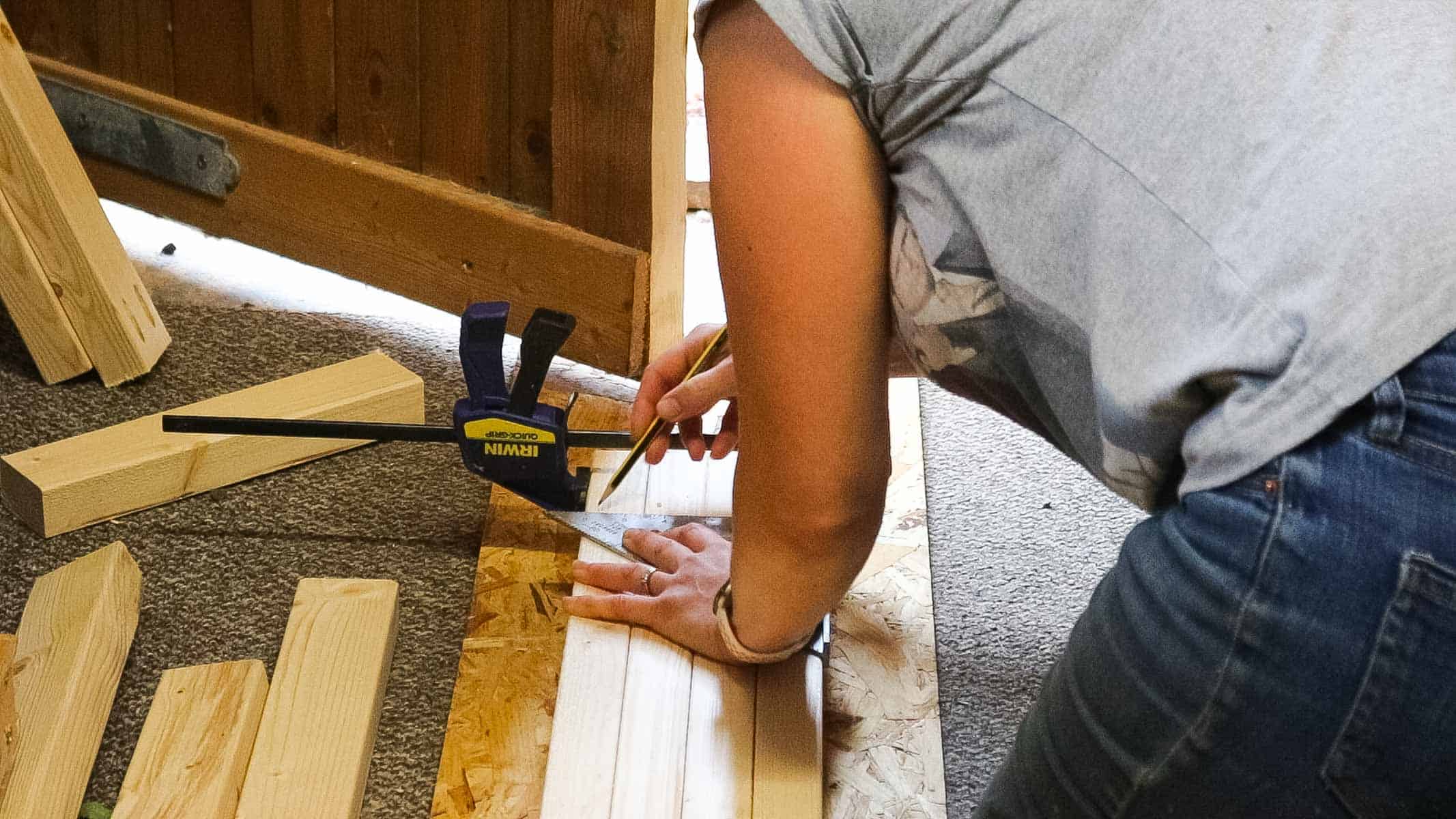 Clamping timber together to mark shelves for a bookcase