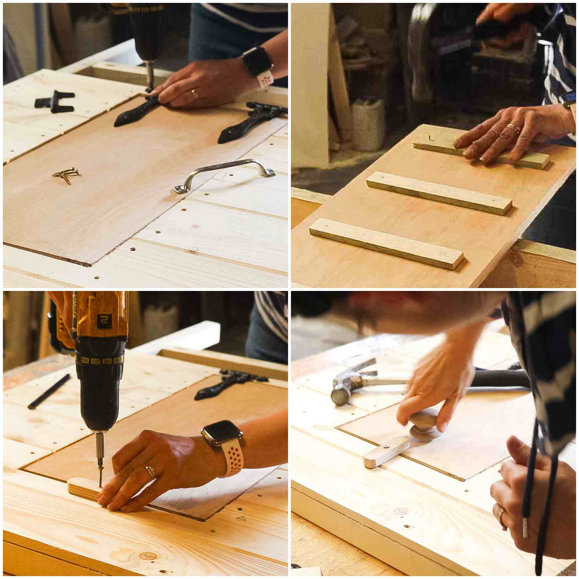 adding hinges and steps to chicken toop door and a knob and catch
