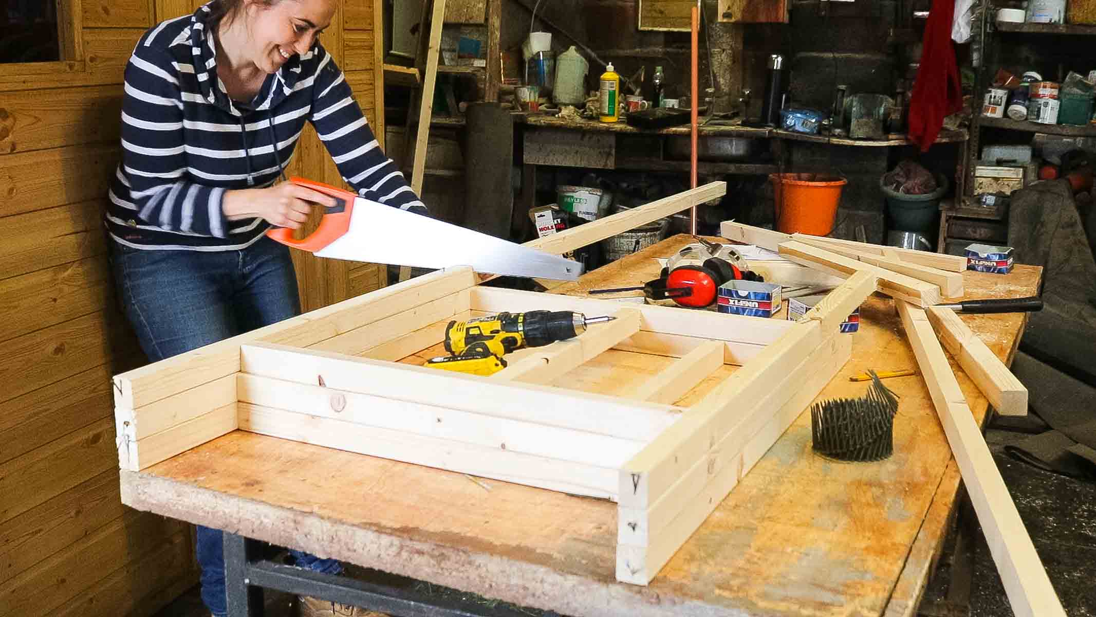 cutting chicken coop sloping roof framework