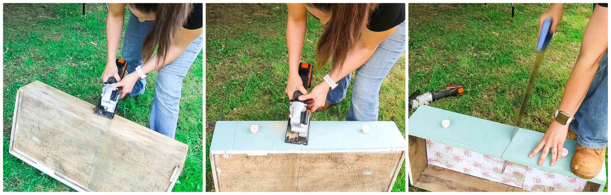carpenter, vikkie lee, cutting up an old drawer