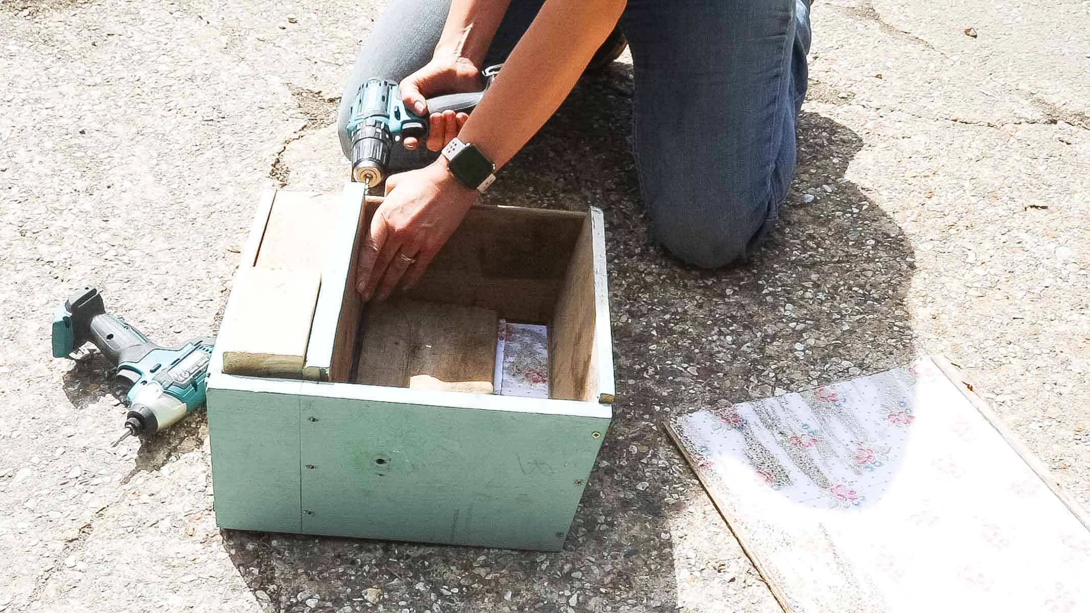 Screwing shelves created from a drawer to become a bug home