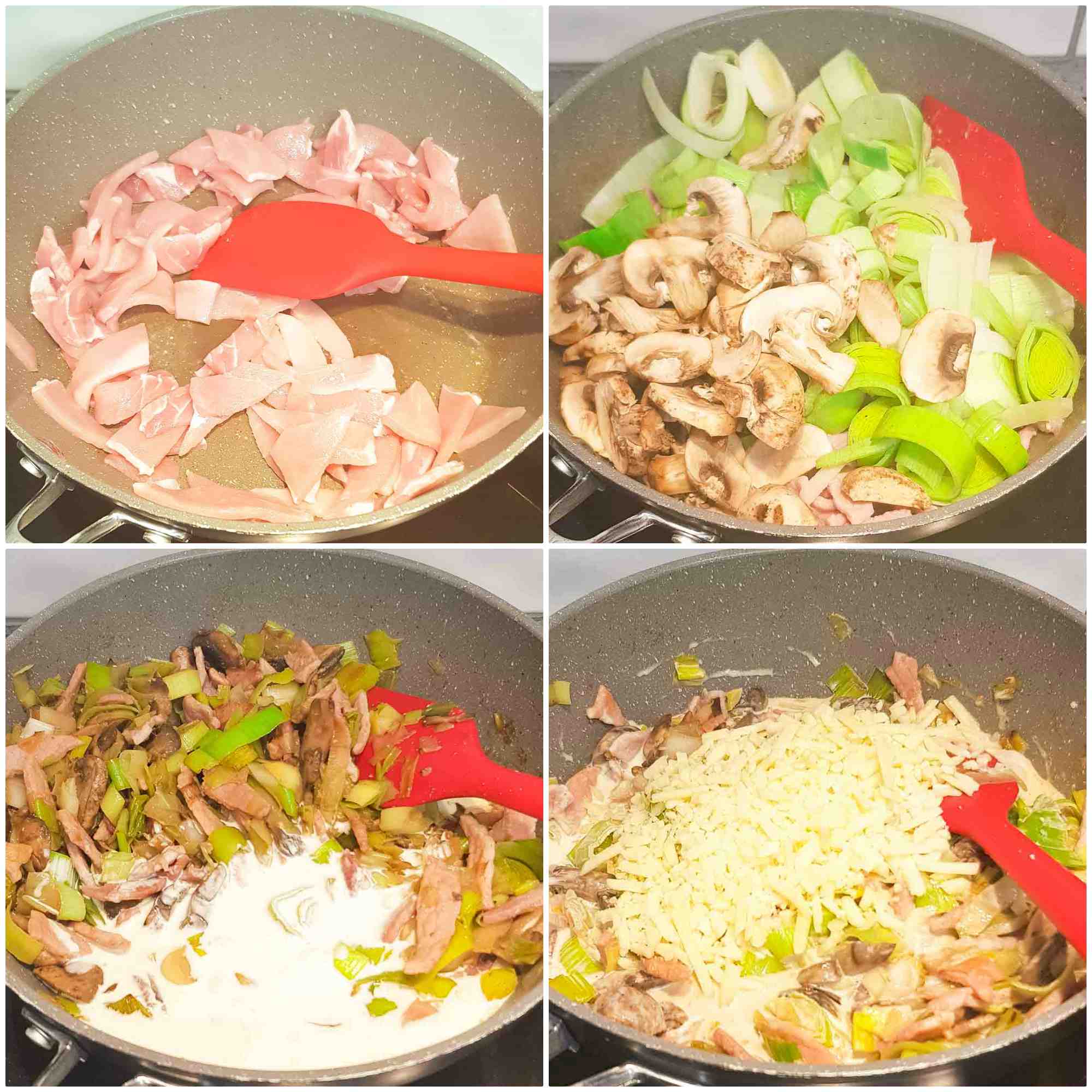 Making cream and leek sauce with cheese, mushrooms and bacon in a frying pan