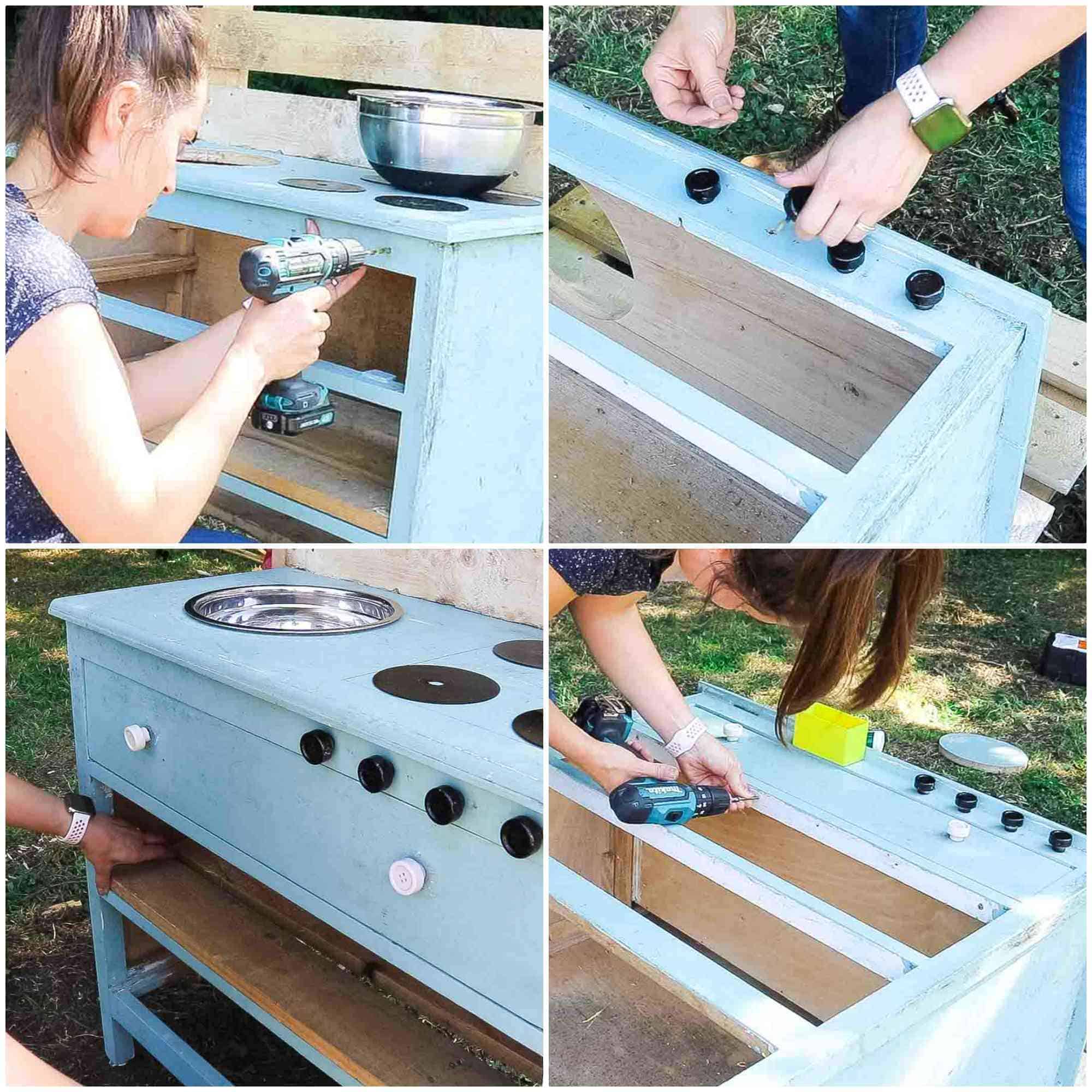 Woman making pretend hob dials for a toy cooker from spray painted drawer knobs on an old chest of drawers