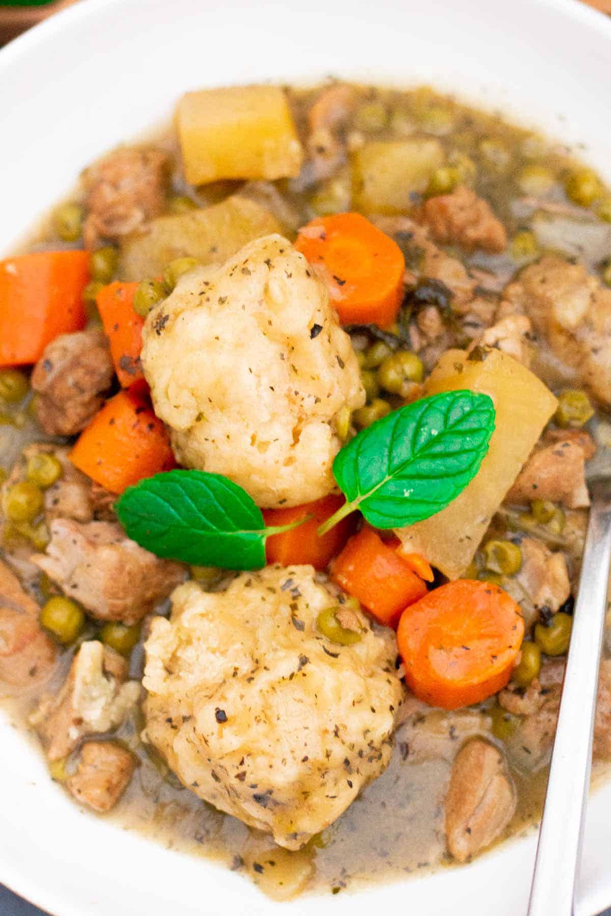 Close up of easy slow cooker lamb stew in a white bowl