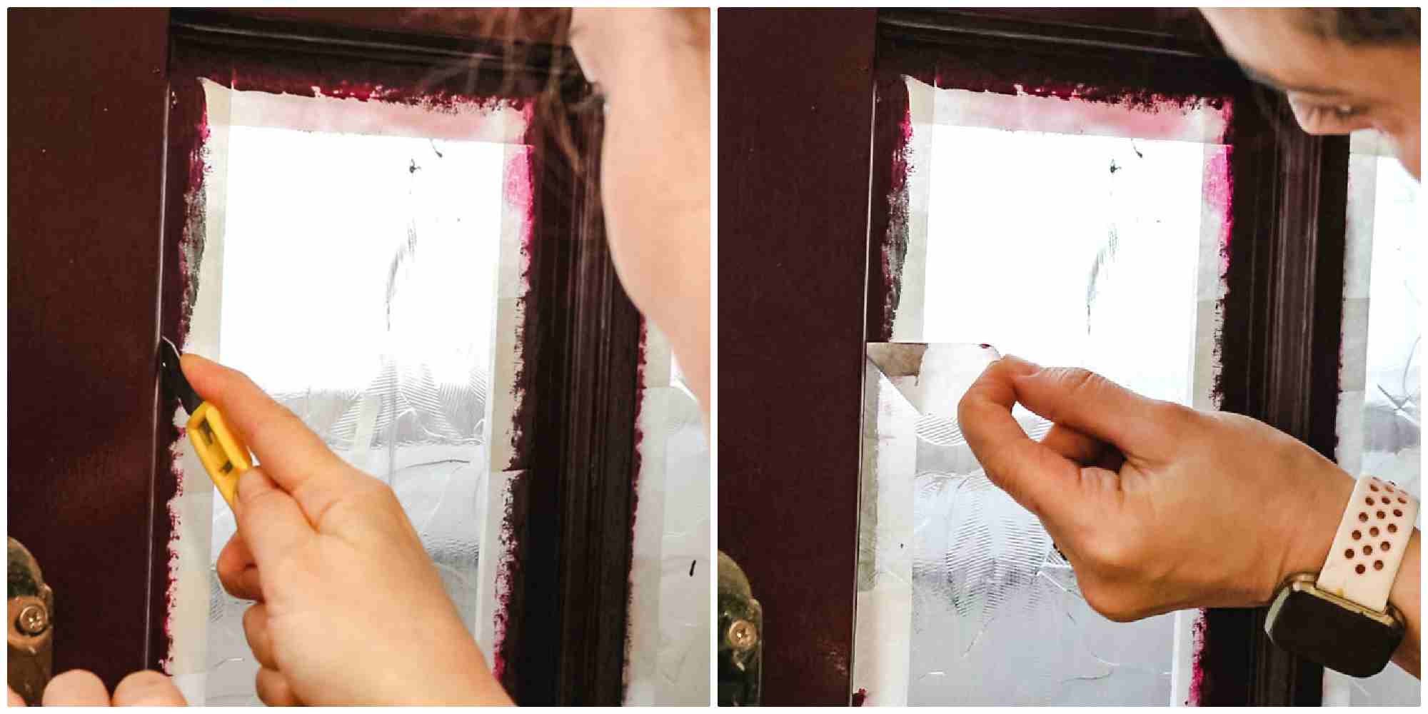 Scoring the masking tape where it meets with the chamfered window trim using a stanley throwaway knife