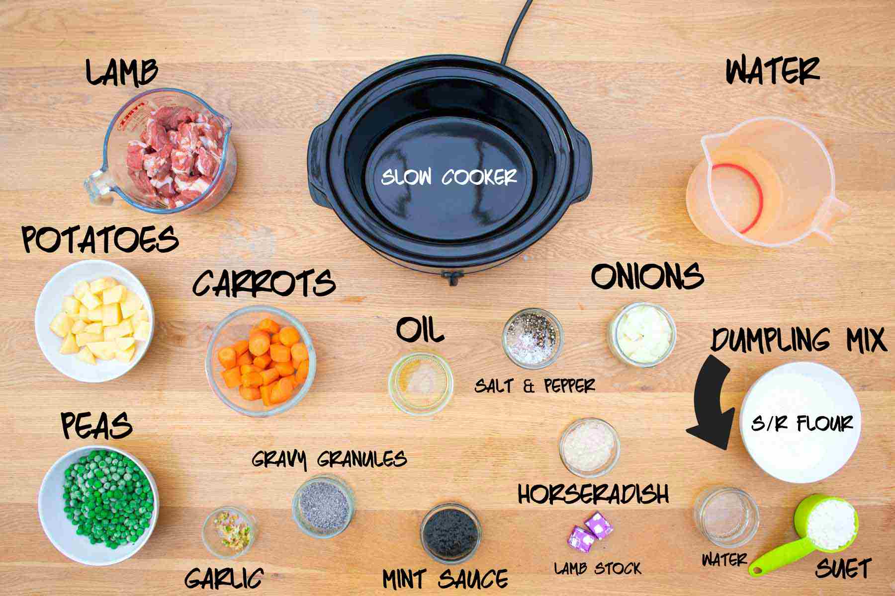 Ingredients for lamb stew and dumplings