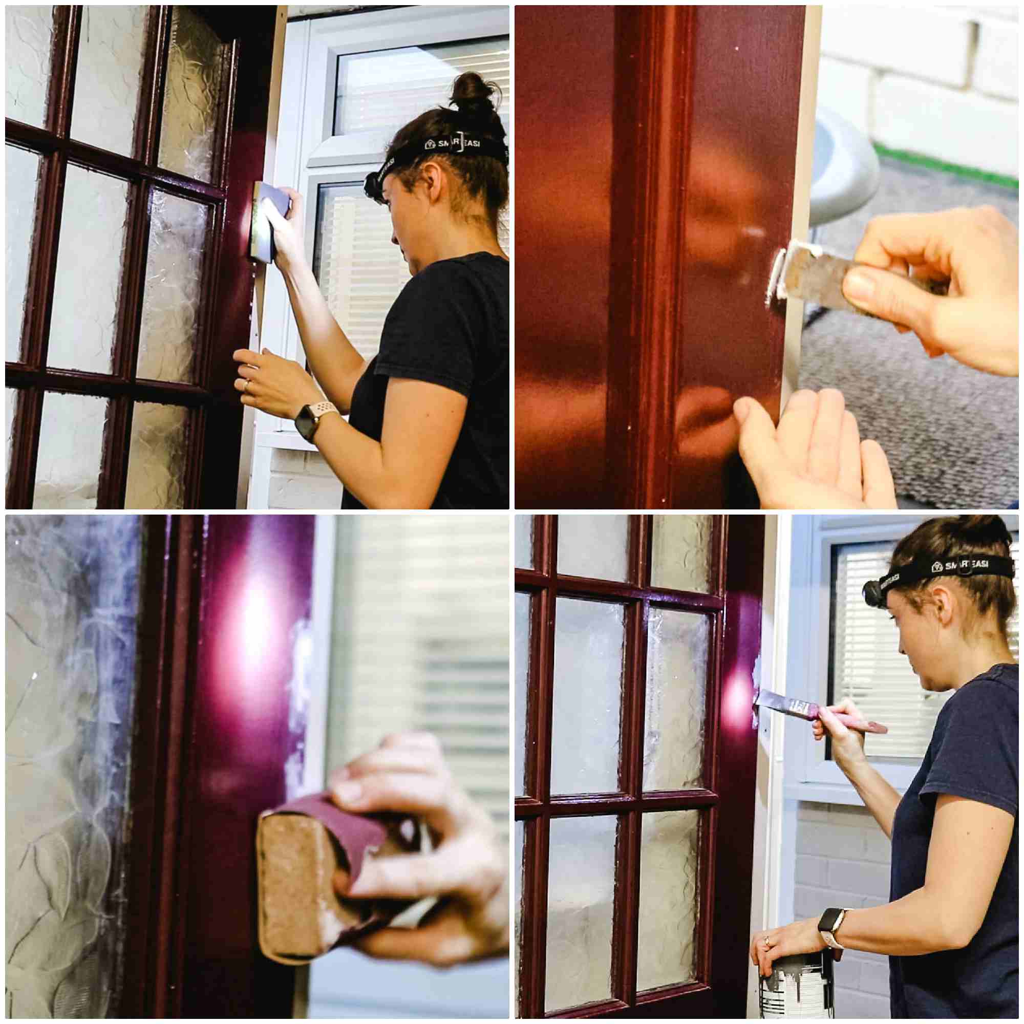 Woman sanding, filling, sanding and patching up chips of paint on door
