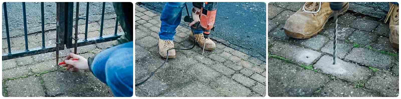 Marking and drilling gate drop bolts into the block paving