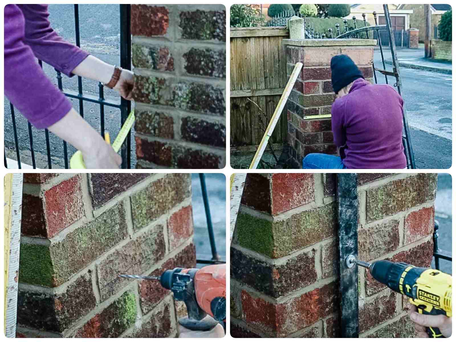 Copying the first gate's hanging strip position and drilling into driveway brick pillar