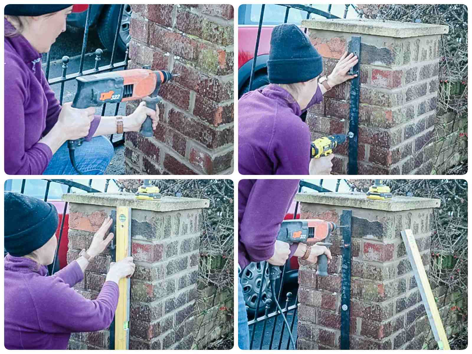 Drilling and screwing gate hangers level into masonry with concrete screws