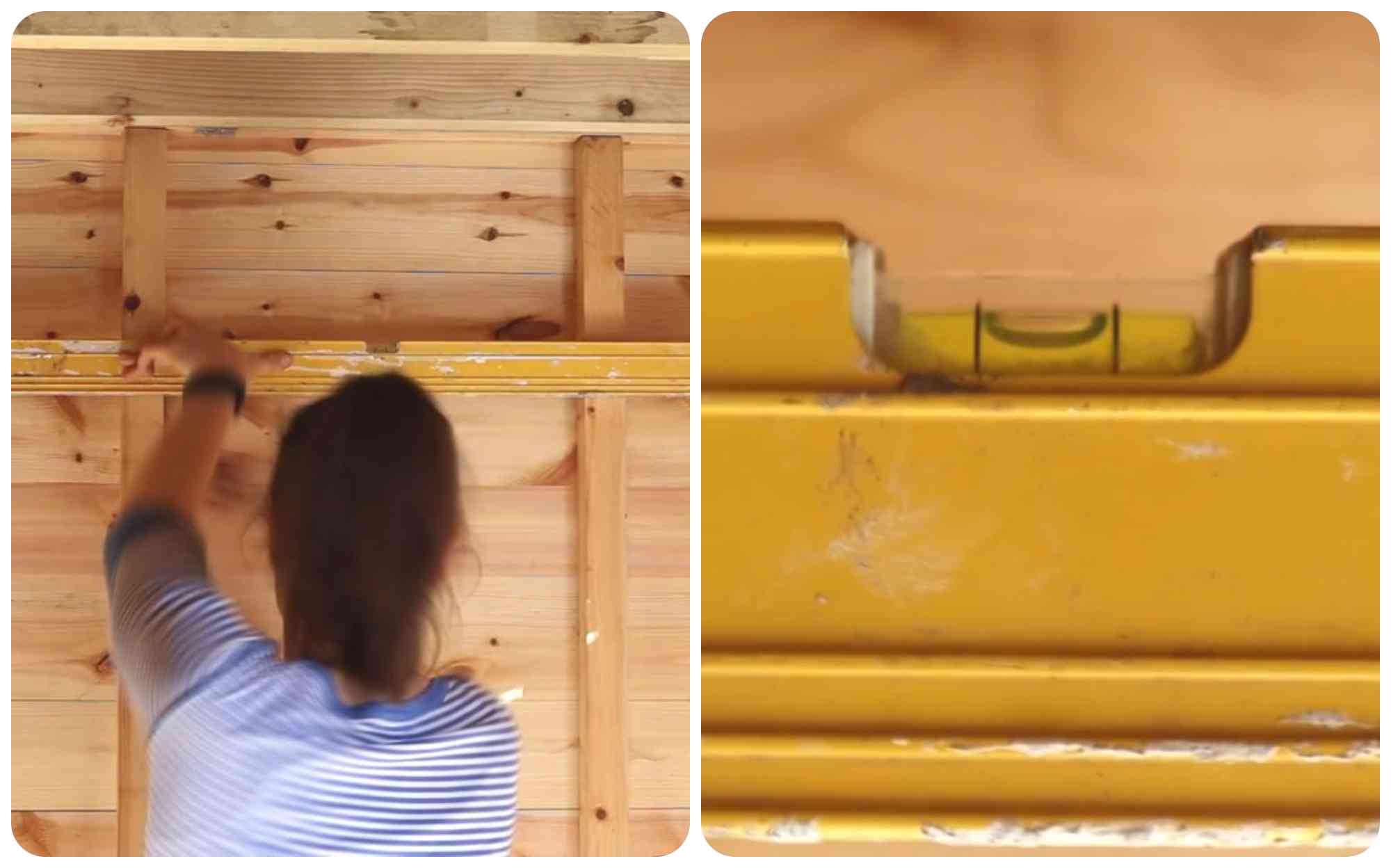 woman using a spirit level to set up shed shelving