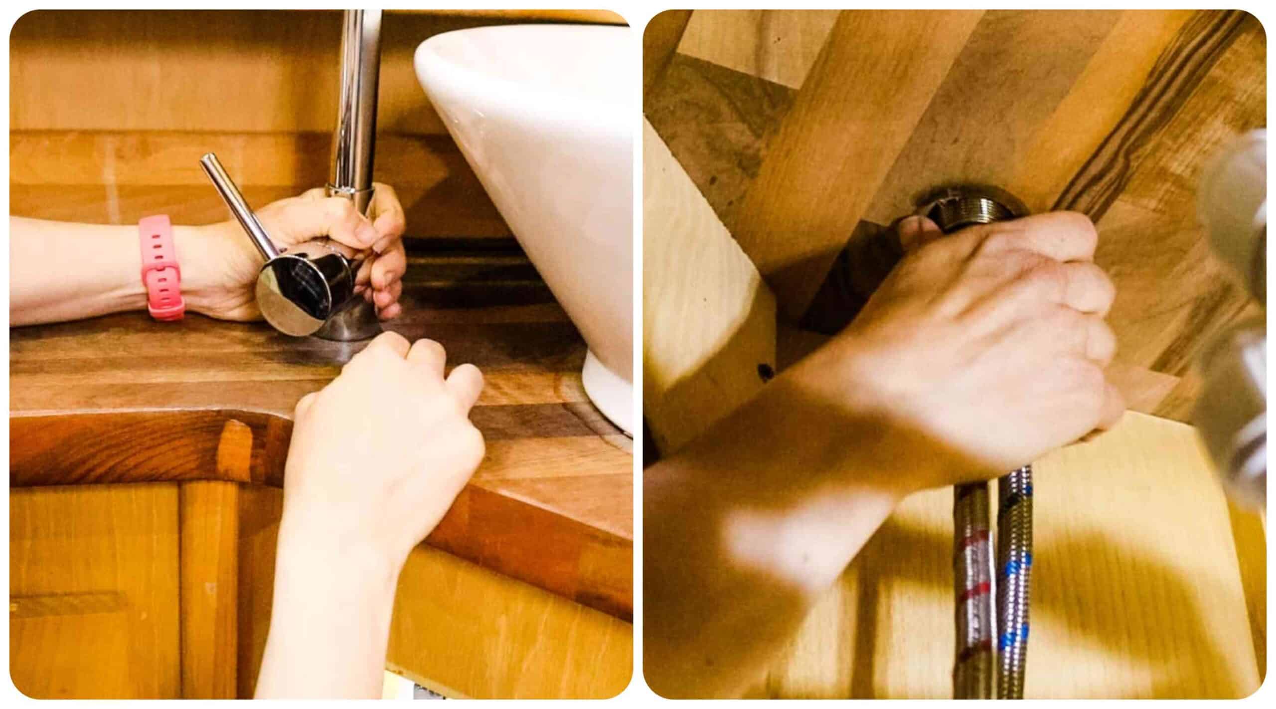Positioning a mixer tap from above while hand tightening the nut underneath