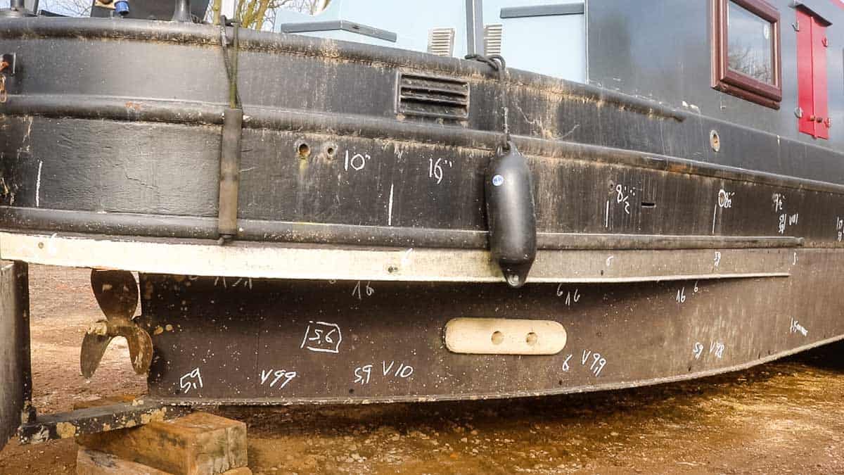 Boat hull after inspection with an ultrasound machine and probe