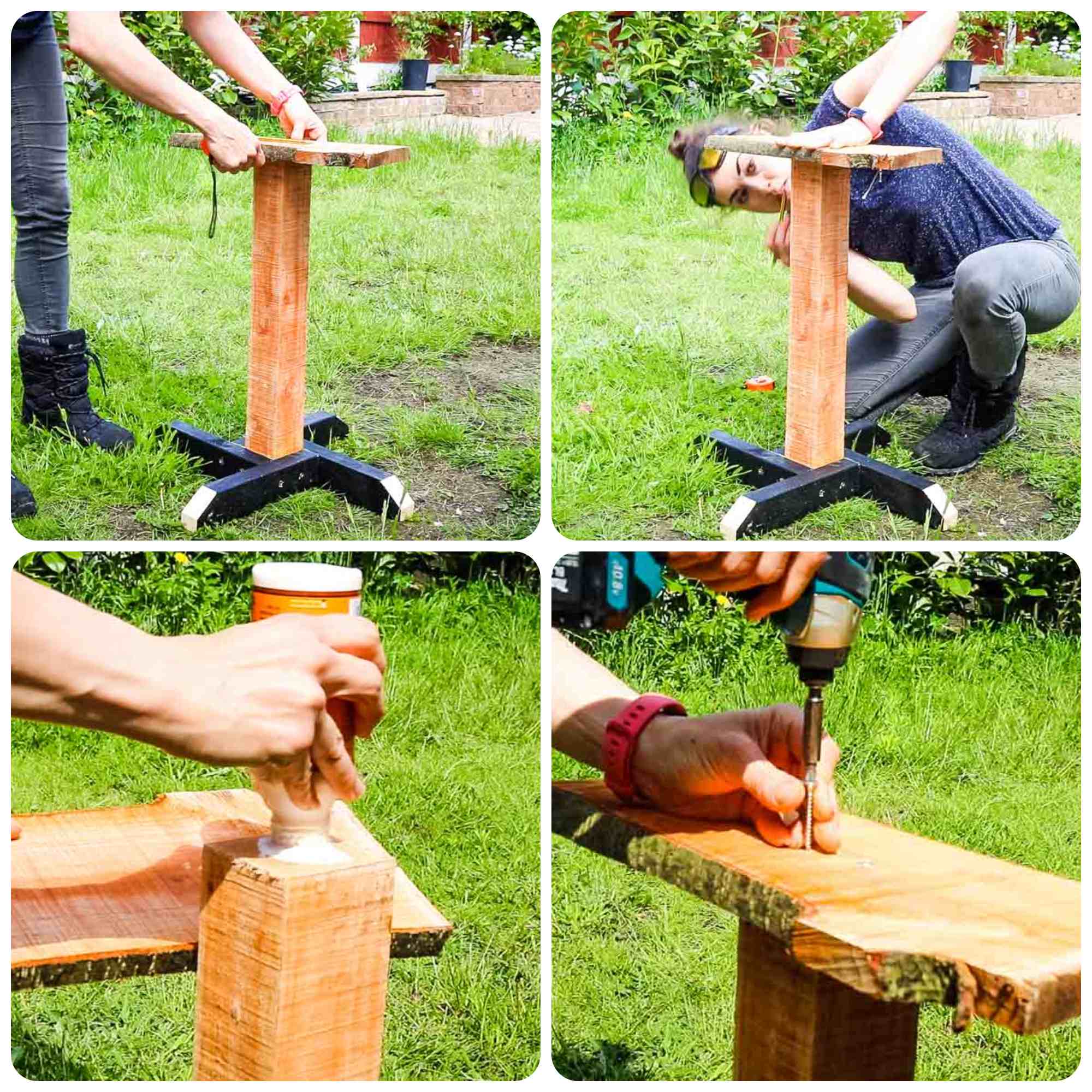 Female woodworker gluing and screwing a platform on a build it yourself bird feeder