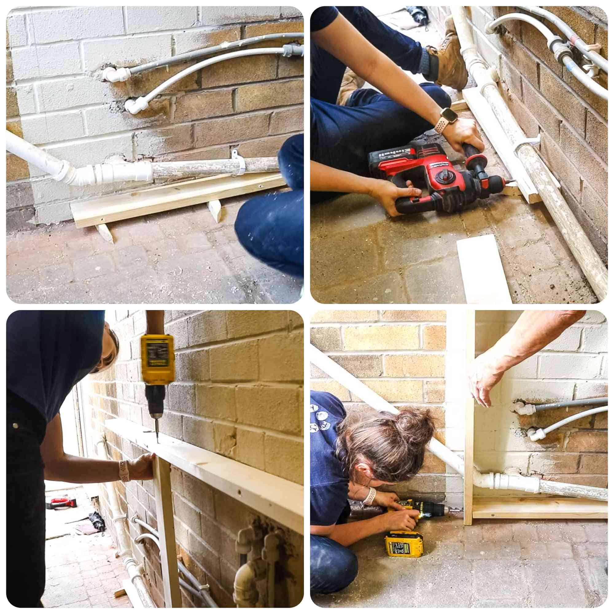 Woman drilling and screwing staggered structural timber pieces to work around awkward pipes