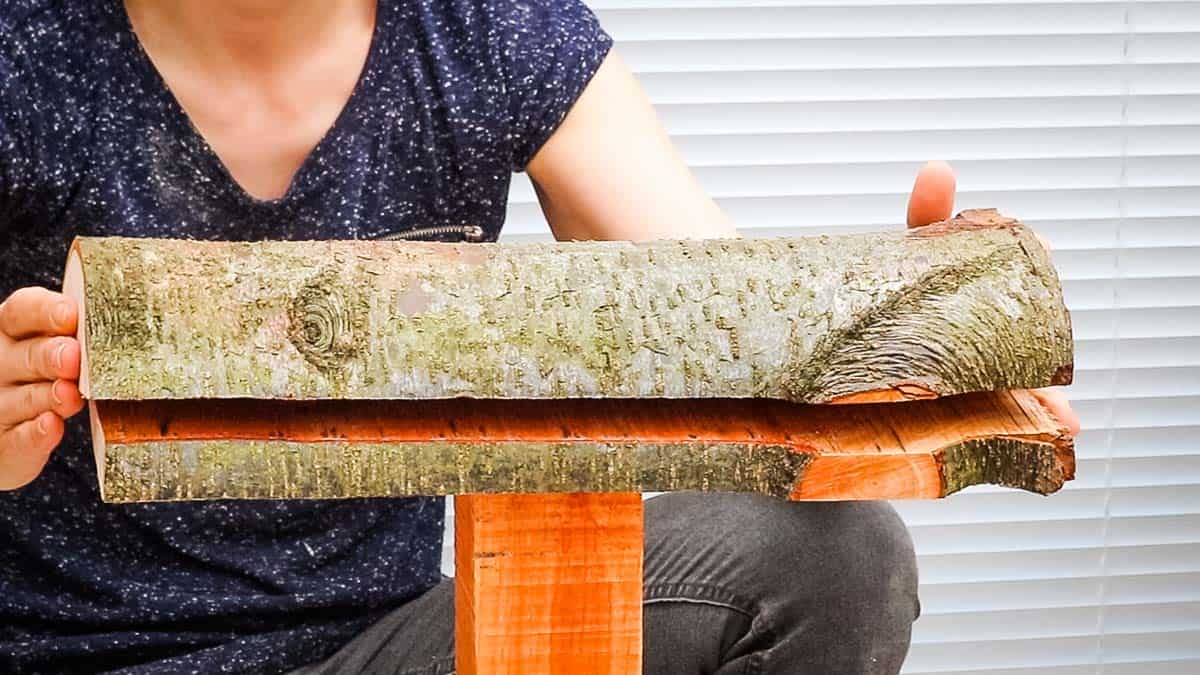 Lining up a log birdhouse feeding station to match up the wooden knots