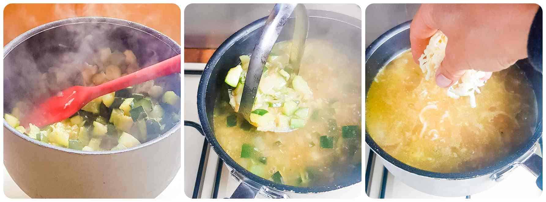 Step by step images of making easy courgette keto soup with cheese