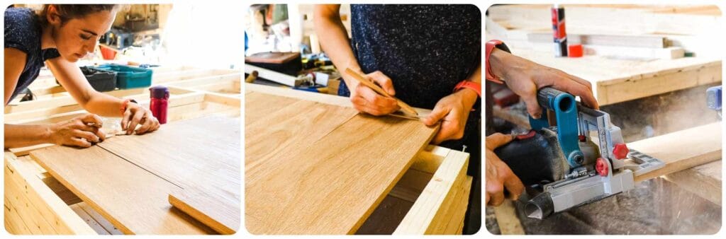 Collage of a woman planning, marking and cutting biscuit holes in oak planks