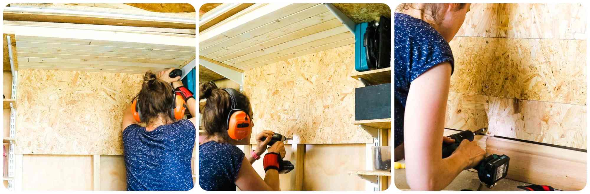 Woman screwing OSB sheet material directly to shed/workshop spars