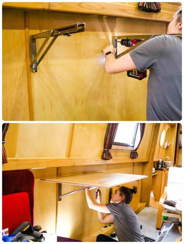 Screwing folding brackets to a narrowboat wall, then hand screwing the table top