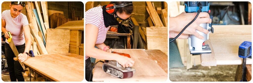 Collage of a woman hand sawing oak before belt sanding and routering a curved profile