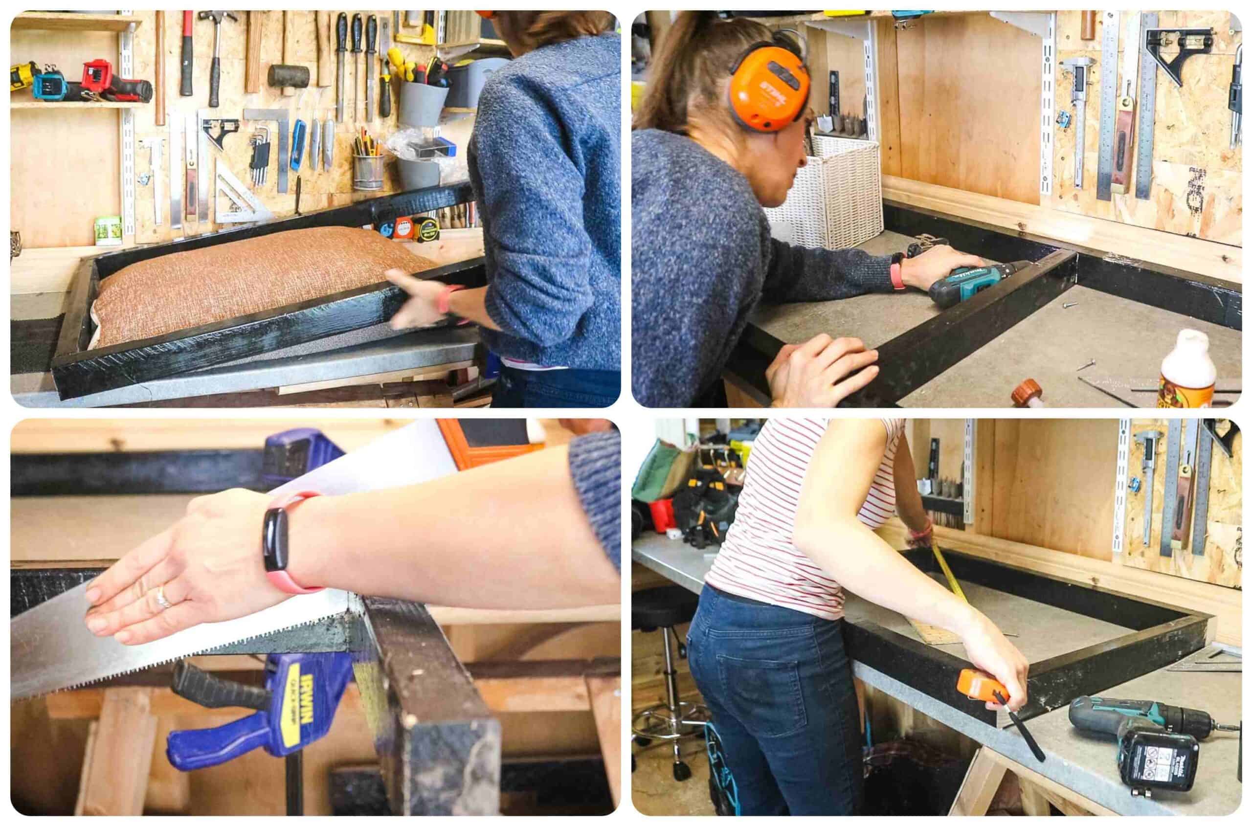 Woman building a frame to make a DIY bed for dogs