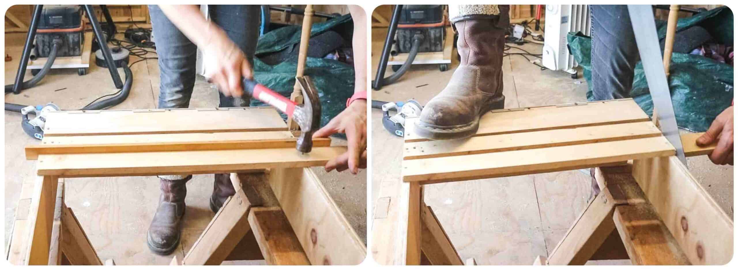 Nailing offcut slats at the bottom of a homemade drawer