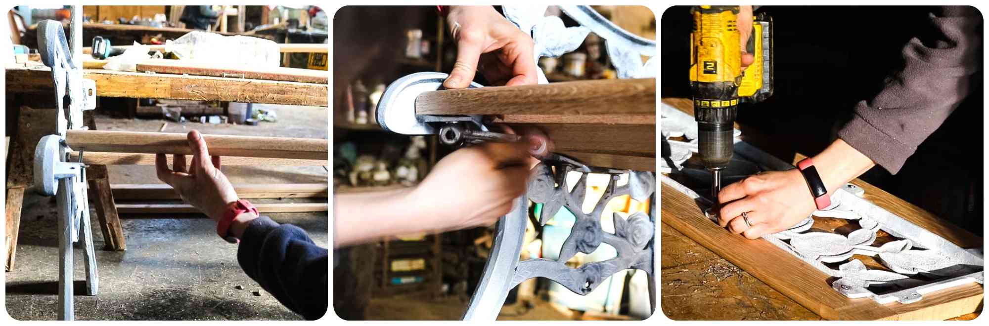 Bolting and screwing a restored garden bench together