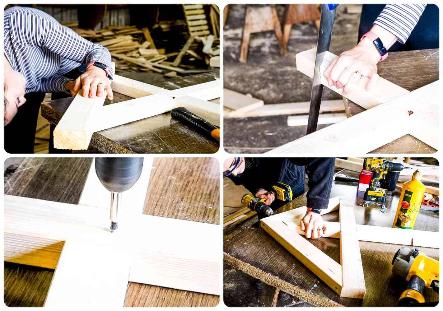 Step by step images of a Woman making framework for an apex wishing well roof