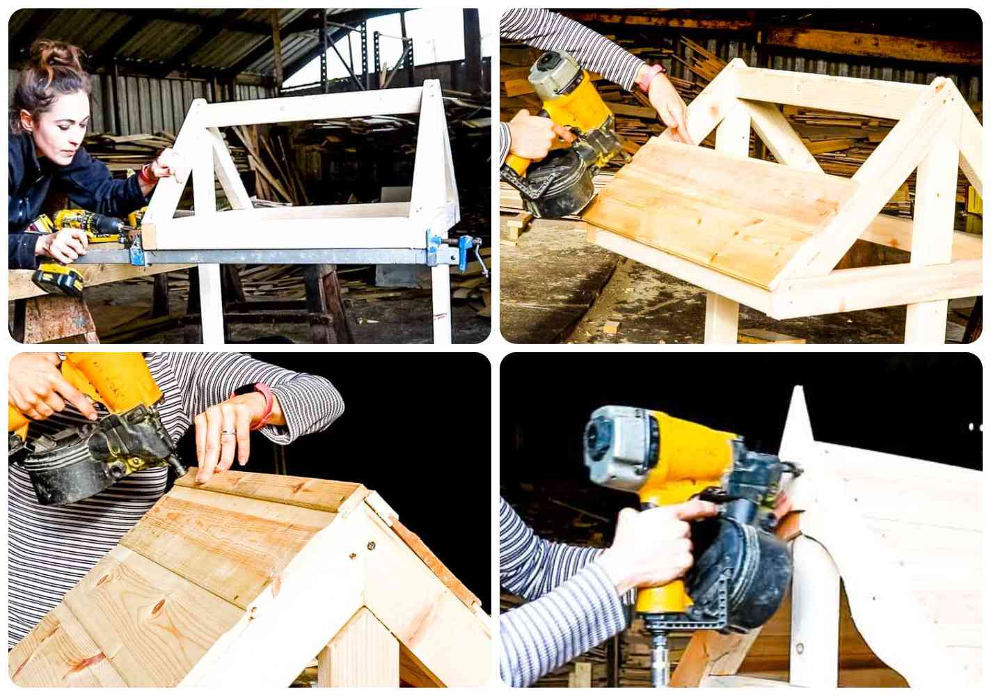 woman building a garden wooden well roof and cladding it with tongue and groove, then trim
