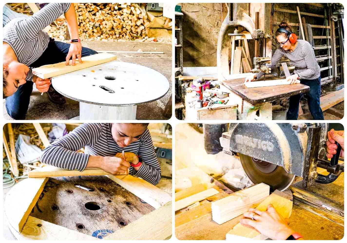 step by step images of cladding an old cable drum