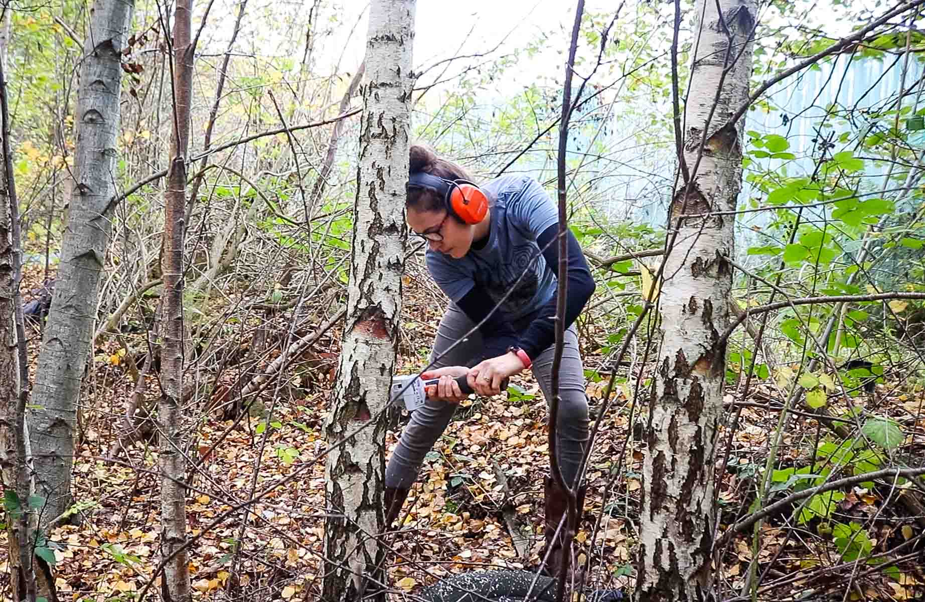 Woman cutting a tree down with a mini chainsaw