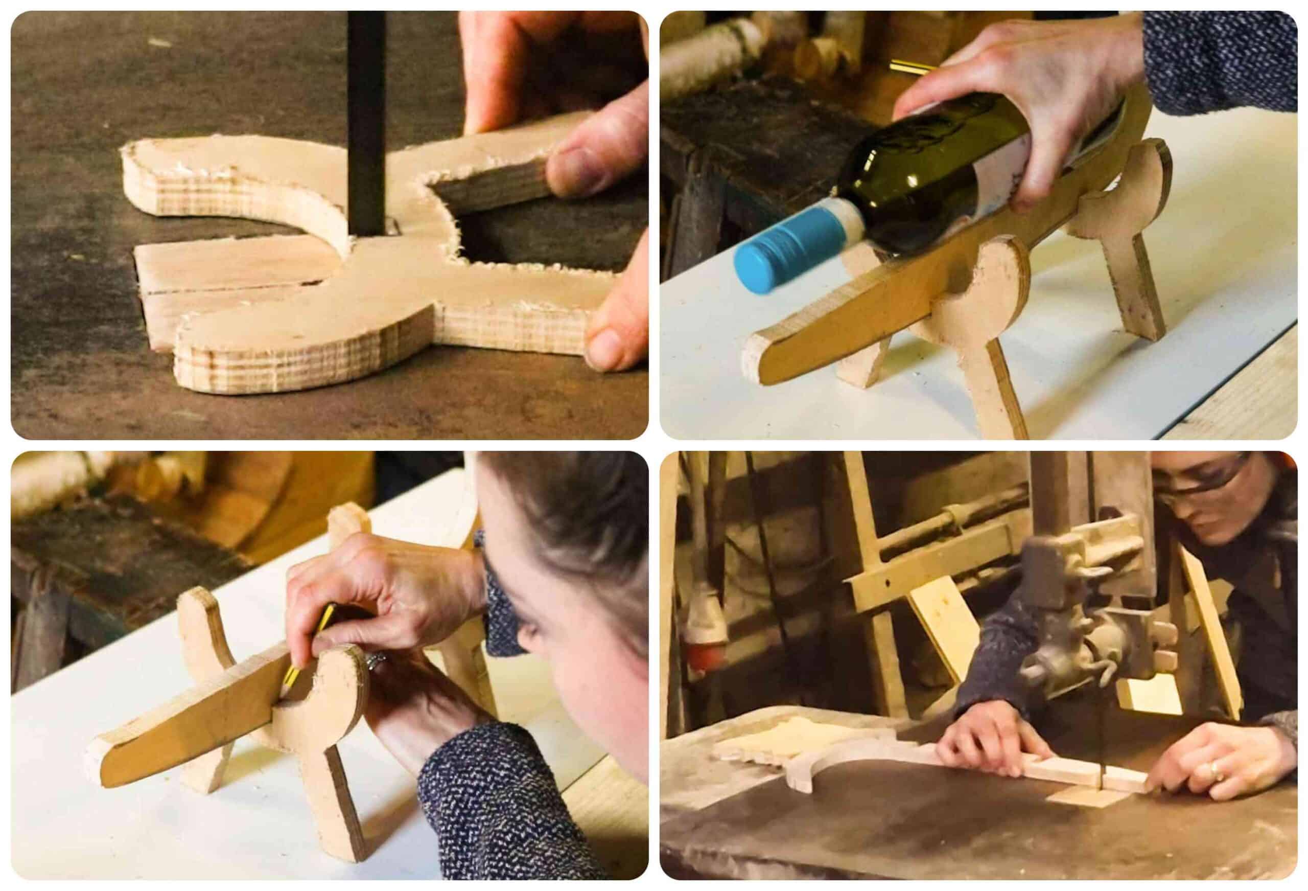 Step by step images of working out cutting notches to slot a 3d dog wine bottle rack together