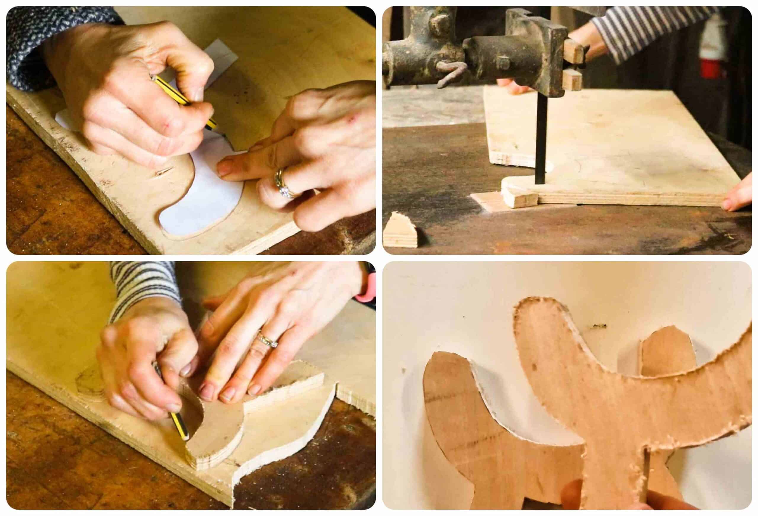Step by step drawing and cutting dog legs for a wine holder