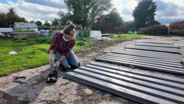 Painting the reclaimed metal roof sheets while they are on the ground.